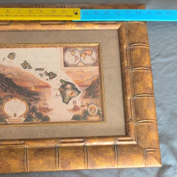Antique-Style Framed Hawaiian Island Map Wall Art - Gold Brown - Picture 4 of 7